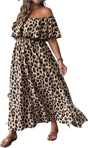OYOANGLE Women's Plus Size Leopard Print Off The Shoulder Maxi Dress Short Sleeve Ruffle A Line Cheetah Dresses in Saudi Arabia