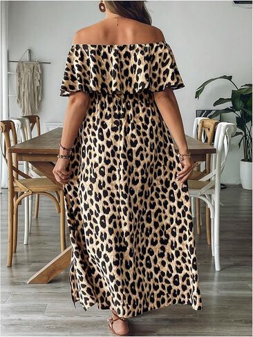 OYOANGLE Women's Plus Size Leopard Print Off The Shoulder Maxi Dress Short Sleeve Ruffle A Line Cheetah Dresses in Saudi Arabia