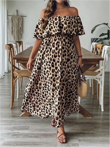 OYOANGLE Women's Plus Size Leopard Print Off The Shoulder Maxi Dress Short Sleeve Ruffle A Line Cheetah Dresses in Saudi Arabia