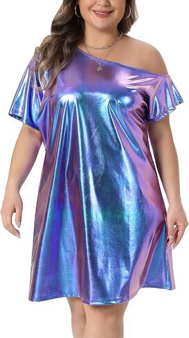 Agnes Orinda Women's Plus Size Dress Metallic Off The Shoulder Party Clubwear Tee Shirt Dress Holographic Disco Dress in Saudi Arabia