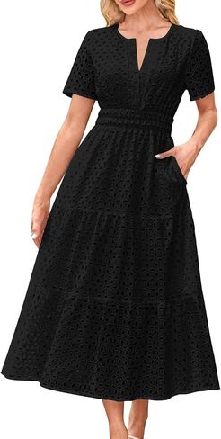 Summer Dresses for Women 2025,Short Sleeve Eyelet Dress Boho Dressy Casual Long Maxi Dresses with Pockets in Saudi Arabia