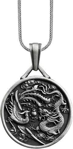 باي سيلفر ستون - قلادة التنين الصيني باللون الفضي، مجوهرات قلادة منحوتة مستوحاة من الثقافة الآسيوية للرجال in Kuwait