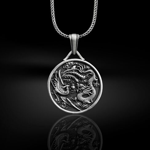 باي سيلفر ستون - قلادة التنين الصيني باللون الفضي، مجوهرات قلادة منحوتة مستوحاة من الثقافة الآسيوية للرجال in Kuwait