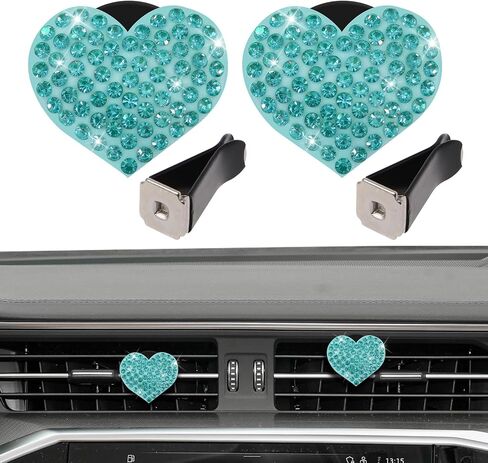 قطعتان من مشبك فتحة تهوية السيارة على شكل قلب مع حجر الراين، ملحق فتحة تهوية السيارة، مشبك مخرج مكيف الهواء على شكل قلب لامع، سحر معطر هواء معطر تلقائي للنساء والفتيات (وردي، قلب) in Kuwait