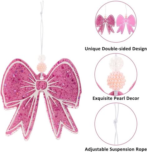 Pink Bow Car Air Freshener - Sparkling Dual-Sided Design Pink Car Freshener, Elegant Scented Hanging Decor for Auto & Room, Cute Bow Rearview Mirror Hanging Gift for Women in Saudi Arabia