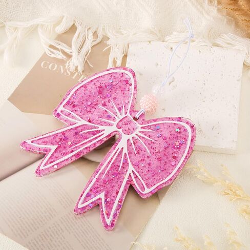 Pink Bow Car Air Freshener - Sparkling Dual-Sided Design Pink Car Freshener, Elegant Scented Hanging Decor for Auto & Room, Cute Bow Rearview Mirror Hanging Gift for Women in Saudi Arabia