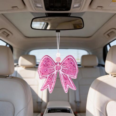 Pink Bow Car Air Freshener - Sparkling Dual-Sided Design Pink Car Freshener, Elegant Scented Hanging Decor for Auto & Room, Cute Bow Rearview Mirror Hanging Gift for Women in Saudi Arabia