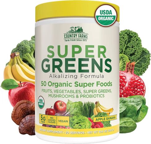 COUNTRY FARMS Super Greens Berry Flavor, 50 Organic Super Foods, USDA Organic Drink Mix (Wheat Grass, Spirulina, Chlorella) Mushrooms & Probiotics, Supports Gut Health, Natural Energy, 30 Servings in Kuwait