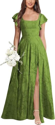 Chiffon Floral Ruffles A Line Bridesmaid Dress Floor Length Square Neck Short Sleeve Formal Evening Gowns with Slit in Saudi Arabia