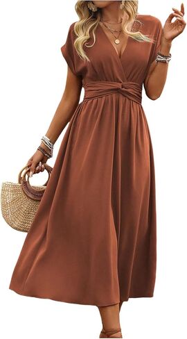 Floerns Women's Wrap V Neck Flowy Midi Dresses Short Sleeve A Line Ruched Beach Dress in Kuwait