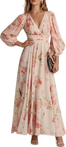 XNC Long Sleeve Dresses for Women 2026 Spring Summer Casual Boho Floral Chiffon Dress Tulle Flowy Maxi Wedding Guest Dress in Saudi Arabia