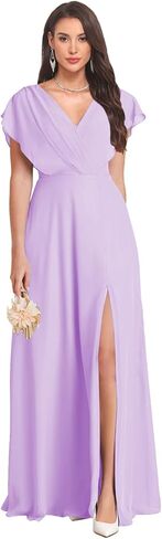 V Neck Bridesmaid Dresses Flutter Sleeves Backless Maid of Honor Dress Chiffon Long Evening Party Gowns in Kuwait