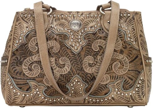 American West Hand Tooled Handcrafted 100% Genuine Leather Multi-Compartment Tote Concealed Carry Pocket on Back Purse for Women Annie's Secret Collection Western (Sand) in Kuwait