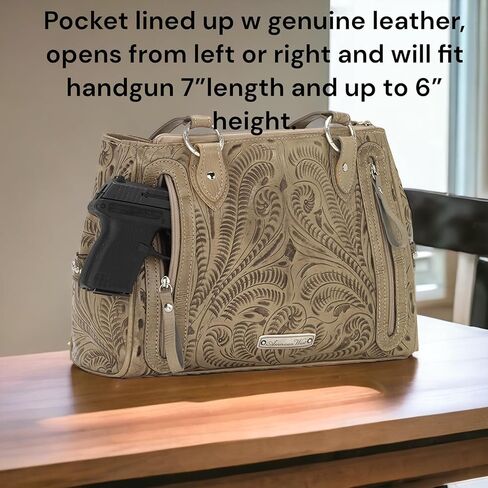 American West Hand Tooled Handcrafted 100% Genuine Leather Multi-Compartment Tote Concealed Carry Pocket on Back Purse for Women Annie's Secret Collection Western (Sand) in Kuwait