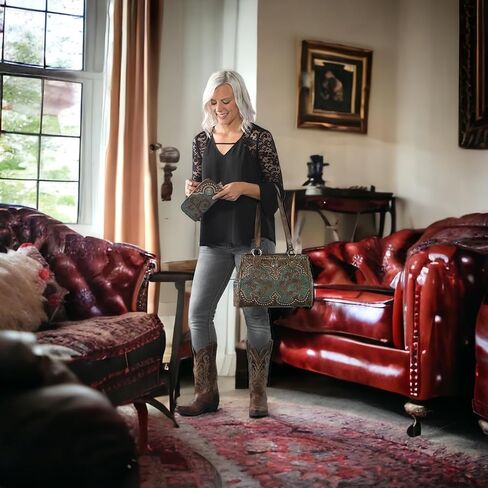 American West Hand Tooled Handcrafted 100% Genuine Leather Multi-Compartment Tote Concealed Carry Pocket on Back Purse for Women Annie's Secret Collection Western (Sand) in Kuwait