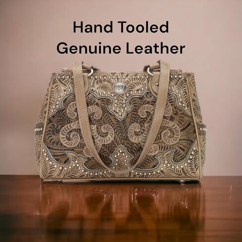 American West Hand Tooled Handcrafted 100% Genuine Leather Multi-Compartment Tote Concealed Carry Pocket on Back Purse for Women Annie's Secret Collection Western (Sand) in Kuwait