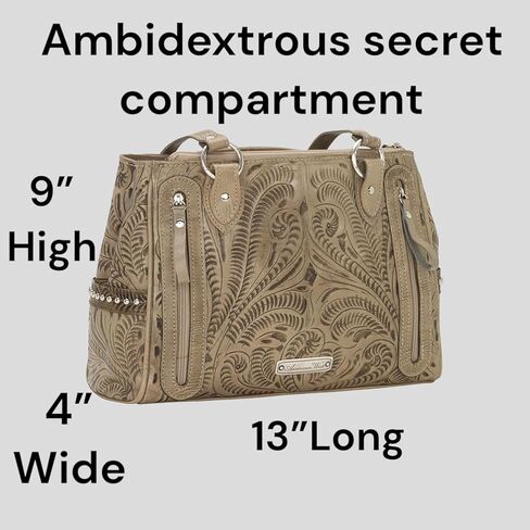 American West Hand Tooled Handcrafted 100% Genuine Leather Multi-Compartment Tote Concealed Carry Pocket on Back Purse for Women Annie's Secret Collection Western (Sand) in Kuwait