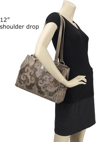 American West Hand Tooled Handcrafted 100% Genuine Leather Multi-Compartment Tote Concealed Carry Pocket on Back Purse for Women Annie's Secret Collection Western (Sand) in Kuwait