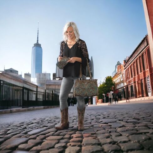 American West Hand Tooled Handcrafted 100% Genuine Leather Multi-Compartment Tote Concealed Carry Pocket on Back Purse for Women Annie's Secret Collection Western (Sand) in Kuwait