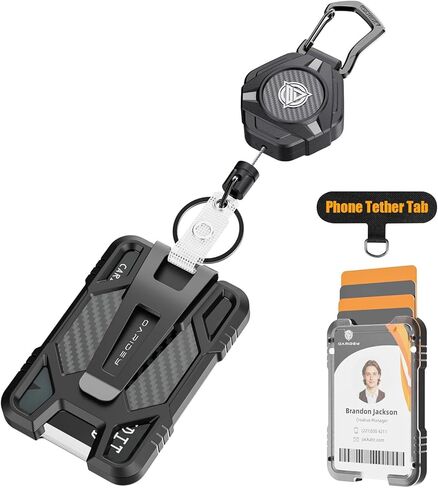 حاملات شارات قابلة للسحب من Oaridey، سلسلة مفاتيح مغناطيسية قابلة للسحب مع حامل بطاقة هوية من ألياف الكربون (تحمل 5 بطاقات)، بكرة شارة شديدة التحمل مع شريط ربط للهاتف، للعمل والاستخدام اليومي in Kuwait