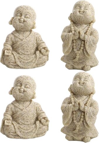 Hedume 4 Pcs Little Monk Resin Ornaments, Cute Small Monk Statues Creative Crafts, Mini Laughing Buddha Statue for Home or Office, Zen, Living Room, Shelf Decor, and Gift (Sand) in Saudi Arabia