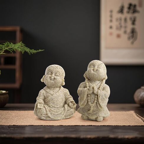 Hedume 4 Pcs Little Monk Resin Ornaments, Cute Small Monk Statues Creative Crafts, Mini Laughing Buddha Statue for Home or Office, Zen, Living Room, Shelf Decor, and Gift (Sand) in Saudi Arabia