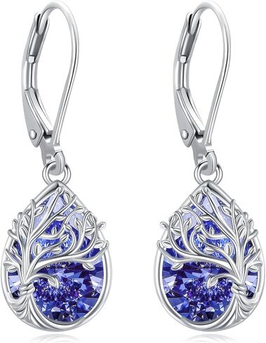 Tree of Life Dangle Drop Earrings 925 Sterling Silver Teardrop Gemstone Birthstone Earring Tree of Life Jewelry Birthday Gifts for Women/Mother/Mom in Saudi Arabia