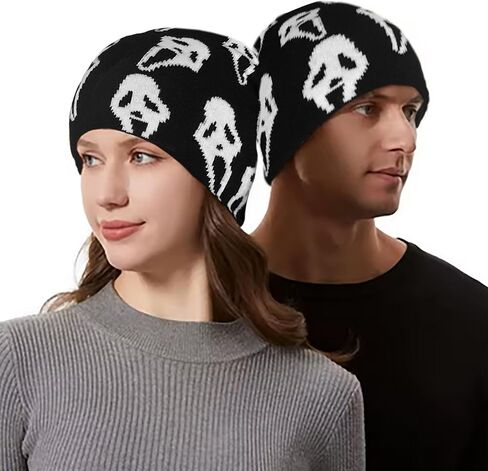 قبعة Scream Skull Jacquard، باللونين الأسود والأبيض، 100% أكريليك ناعم، قبعة محبوكة للجنسين، مقاس واحد يناسب الجميع، مقاس قابل للتمدد in Kuwait