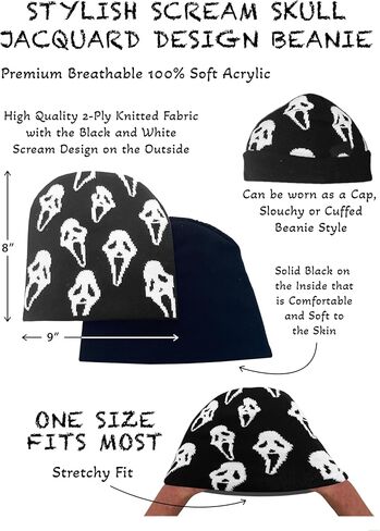 قبعة Scream Skull Jacquard، باللونين الأسود والأبيض، 100% أكريليك ناعم، قبعة محبوكة للجنسين، مقاس واحد يناسب الجميع، مقاس قابل للتمدد in Kuwait