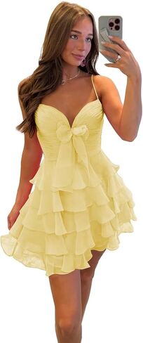 Teens Yellow Tiered Ruffle Bow Homecoming Dresses Short 2025 Spaghetti Straps V Neck Pleated Chiffon Party Cocktail Gowns US Size 06 in Kuwait