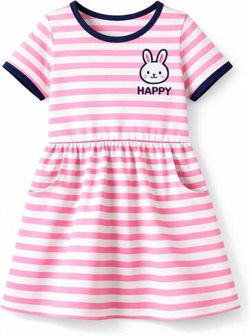 HILEELANG Girls Striped Dress Short Sleeve Cotton Casual Dress for Toddler Little Girls, Cute Soft Spring Summer Dress 2-8Y in Saudi Arabia