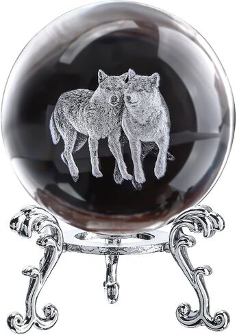 ZEERSHEE 60mm Wolf Crystal Ball with Stand 3D Glass Laser Engraved Wolf Gifts for Wolf Lovers Decorative Glass Wolves Sphere Figurine Decor for Home Office in Kuwait