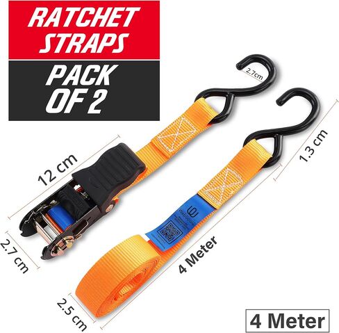 Ratchet Straps 4 Meter with Rubber Handle – 2 Pack Heavy Duty 900kg Indestructible Polyester Ratchet Tie Down Straps with S Hooks, 1 Inch Truck & Trailer Tie Downs, Cargo & Motorcycle Straps in Saudi Arabia