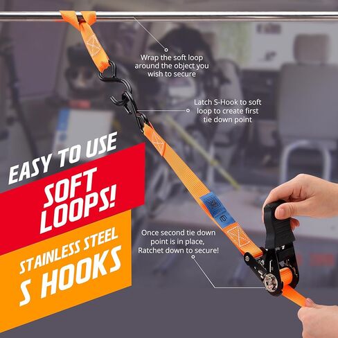 Ratchet Straps 4 Meter with Rubber Handle – 2 Pack Heavy Duty 900kg Indestructible Polyester Ratchet Tie Down Straps with S Hooks, 1 Inch Truck & Trailer Tie Downs, Cargo & Motorcycle Straps in Saudi Arabia