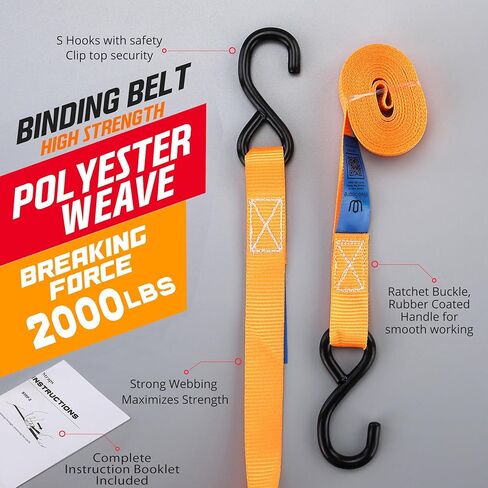 Ratchet Straps 4 Meter with Rubber Handle – 2 Pack Heavy Duty 900kg Indestructible Polyester Ratchet Tie Down Straps with S Hooks, 1 Inch Truck & Trailer Tie Downs, Cargo & Motorcycle Straps in Saudi Arabia