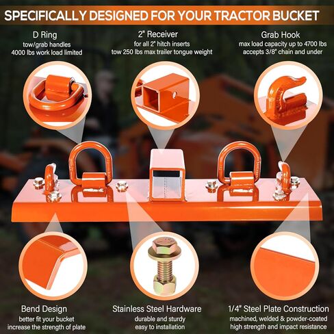 Heavy Duty Bolt on Compact Tractor Grab Hooks 2" Receiver D Rings Tractor Bucket Hooks Fit for Kubota Tractor, Orange in Saudi Arabia