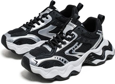 Floette Men's Silver Black Fashion Sneakers Dad Shoes Walking Casual Trendy Chunky Platform Sneakers in Saudi Arabia