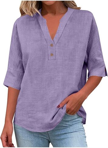 Womens Cotton Linen Elbow Length Sleeve Tops Dressy Casual Notch V Neck Button Up Work Tunic Blouses for Office Ladies in Kuwait