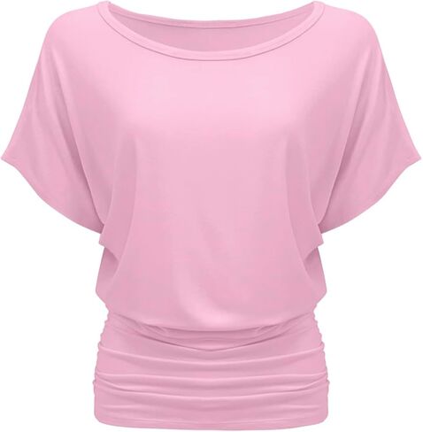 Women's Boat Neck V Neck Short Sleeve Draped Dolman Top with Side Shirring Premium Shirt in Kuwait
