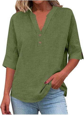 Womens Cotton Linen Elbow Length Sleeve Tops Dressy Casual Notch V Neck Button Up Work Tunic Blouses for Office Ladies in Saudi Arabia
