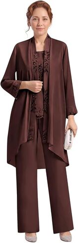 Women’s Chiffon Mother of The Bride Pant Suits 3 Pieces Lace Appliques Long Sleeve Dressy Formal Outfit with Jacket in Kuwait