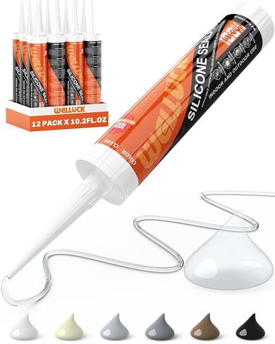 سدادة سيليكون من WELLUCK، مادة لاصقة مرنة لخرطوشة السيليكون المقاومة للماء بنسبة 100% للمطبخ، والحمام، والنافذة، والباب، والزجاج، وحوض الاستحمام، والدش، وRV، وختم التسرب التلقائي (أبيض، 10.2 أونصة، عبوة واحدة) in Kuwait