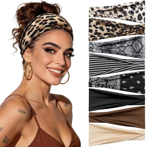 Headbands for Women, 8 Pack Non-Slip Moisture Wicking Sports Wide Head Bands, Stretchy Elastic Fabric, Multiple Colors Securing Hair for Fashion, Sports, Yoga, Running, Daily Life in Saudi Arabia