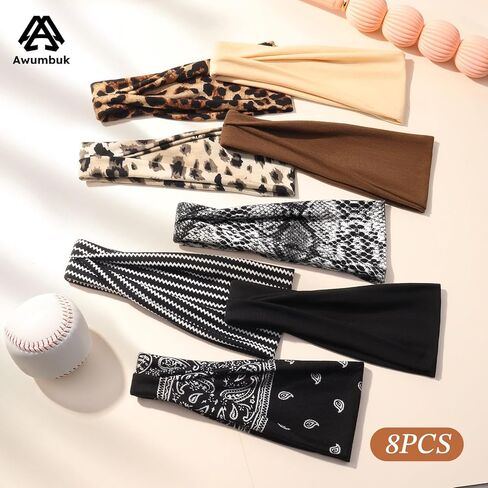 Headbands for Women, 8 Pack Non-Slip Moisture Wicking Sports Wide Head Bands, Stretchy Elastic Fabric, Multiple Colors Securing Hair for Fashion, Sports, Yoga, Running, Daily Life in Saudi Arabia