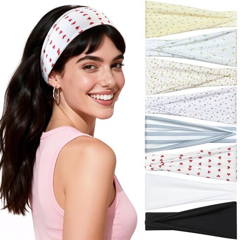 Headbands for Women, 8 Pack Non-Slip Moisture Wicking Sports Wide Head Bands, Stretchy Elastic Fabric, Multiple Colors Securing Hair for Fashion, Sports, Yoga, Running, Daily Life in Saudi Arabia