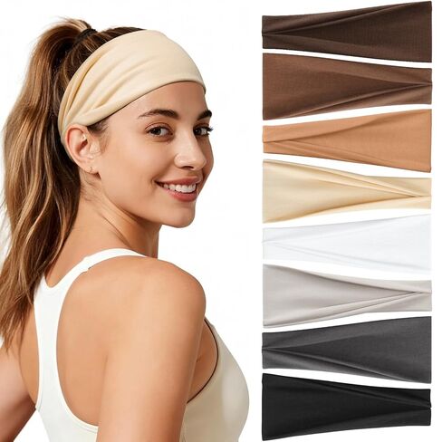 Headbands for Women, 8 Pack Non-Slip Moisture Wicking Sports Wide Head Bands, Stretchy Elastic Fabric, Multiple Colors Securing Hair for Fashion, Sports, Yoga, Running, Daily Life in Saudi Arabia