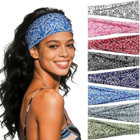Headbands for Women, 8 Pack Non-Slip Moisture Wicking Sports Wide Head Bands, Stretchy Elastic Fabric, Multiple Colors Securing Hair for Fashion, Sports, Yoga, Running, Daily Life in Saudi Arabia