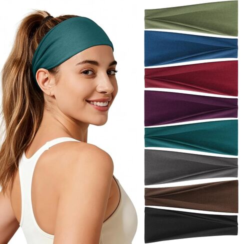 Headbands for Women, 8 Pack Non-Slip Moisture Wicking Sports Wide Head Bands, Stretchy Elastic Fabric, Multiple Colors Securing Hair for Fashion, Sports, Yoga, Running, Daily Life in Saudi Arabia
