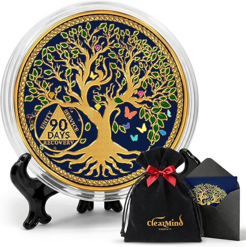 Tree of Life Sobriety Coins - Addiction Recovery Coins Sobriety Chips - AA Chips and Medallions - Anniversary Sobriety Gifts for Men & Women with Coin Capsule & Pouch - Days 90 in Saudi Arabia