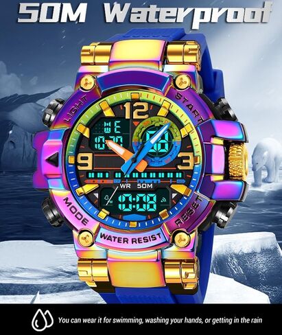 findtime Mens Watch Sport Waterproof Watches Colorful Digital Analog Wrist Watch Military Tactical Outdoor Big Face Watches Unique Wristwatch with LED Stopwatch Countdown Alarm Dual Time in Saudi Arabia